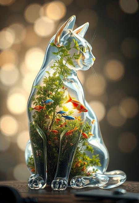 A luminous, transparent glass cat, showcasing an intricate internal ecosystem, featuring miniature colorful fishes  from within, blurring the line between surreal nature and organic growth, set against a dreamy bokeh background that evokes an ethereal atmosphere, with a focus on a portrait profile, adorned with lush green foliage, symbolizing biodiversity and the inner world, rendered in stunning 3D digital art with photorealistic textures, highlighting the intricate details of the figure's skin, and surroundings, all presented in high-resolution with an emphasis on capturing the subtle play of light and abstract big particle effect on her fragile, crystalline form. the cat is sitting