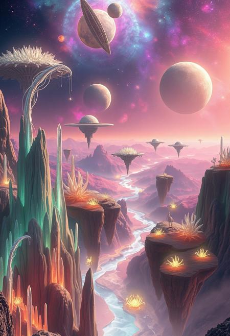 In a stunning celestial tableau, a distant planet's landscape unfolds: towering, iridescent flora illuminates against a backdrop of floating islands suspended within a radiant nebula. Crystalline formations and glowing, extraterrestrial plants mingle amidst rivers of shimmering liquid light, casting an ethereal glow across the terrain. In the distance, luminescent creatures blend seamlessly with the fantastical environment, as multiple moons and a giant, ringed planet dot the horizon, further elevating the surreal beauty of this alien world.