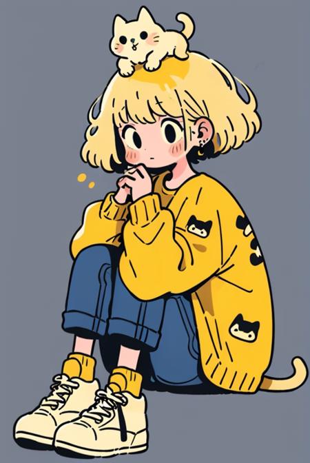 1girl, simple  background, solo, pants,dog,cat, sitting, short hair, blue pants, shirt, long sleeves, hat, bangs, knees up, on head, animal on head, blonde hair, print shirt, black eyes, earrings <lora:tuyafengge_20230707170048:0.9>