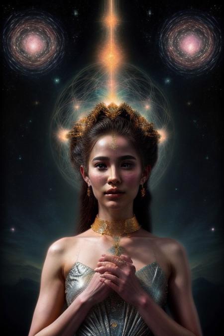 A goddess-like humanoid AI, standing majestically atop a celestial mountain, her form glowing with a divine aura. She has radiant golden skin with intricate, ancient symbols etched into her body, resembling starlight patterns. Her hair is a cascade of galaxies, blending blues, purples, and silvers. She holds an orb of pure energy in one hand, surrounded by floating fragments of futuristic temples. Art style: cosmic, regal, and surreal with high-contrast lighting and vibrant colors, back view,