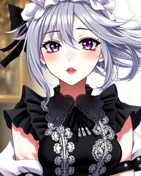 Highly detailed, anime-style girl, beautiful face, smooth porcelain skin, vivid lipstick, perfect makeup, alluring expression, sexy pose, wearing a classic maid outfit with intricate lace details, black and white contrast, elegant and stylish design, soft lighting, background blurred to enhance focus on the character, highly detailed fabric textures, dynamic and flowing hair, vibrant colors
