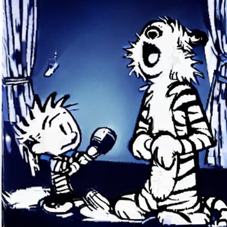 a cartoon boy and cartoon tiger singing <lora:CalvinandHobbes:1>