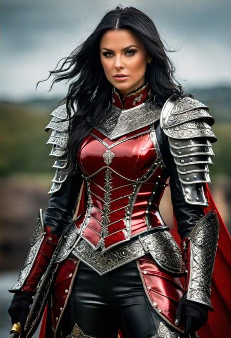 (Best Quality), ((Photo Realistic)), (Full body portrait), ((Professional photography)), Irish warrior queen, layered black hair, intricate armored battle dress, thigh high boots, ((intense metal reflections)), outdoors, red, angelic armor and leather, professional lighting, blurry background, soft focus