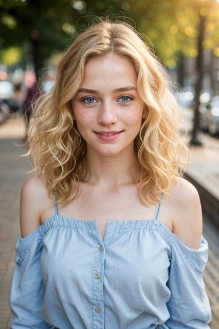 a beautiful girl, short light blonde wavy hair, above shoulder length blond curly hair, blue eyes, 1girl, standing full body, in the streets, dutch city background, amsterdamcanalhouse, wearing cotten shirt, blue jeans, loose clothing, happy, smiling, joy, 4K, RAW, best quality, (masterpiece), (ultra-detailed), (hyperrealism:1.2), extremely detailed eyes, (extremely detailed face), textured skin, (photorealistic, hyperdetailed:1.2), insane details, stunningly beautiful, pale skin, freckles, blush, detailed skin, extremely detailed, (RAW photo, best quality), (realistic, photo-realistic:1.3), best quality ,masterpiece, an extremely delicate and beautiful, extremely detailed natural lighting, summer, sun rays, ethereal golden hour, film grain, (bokeh:1.3), Porta 160 color, shot on ARRI ALEXA 65, sharp focus on subject, Fujifilm XT-3, <lora:picxer_real:0.8>