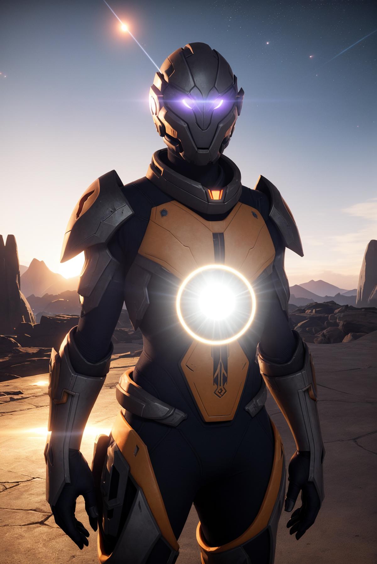 A digital illustration of a female robot with a yellow and black suit, wearing a helmet with purple eyes and a glowing yellow circle on her chest. She is standing in a desert environment with mountains in the background.