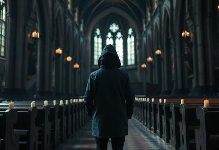 A small lone figure in a dark blue parka with the hood pulled up stands in the middle of an old cathedral dimly lit by candles, underexposed, pews line the walls of the church in the traditional layout