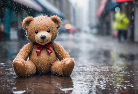 A wet  teddy bear on the floor in a rainy busy vast city , Relistic