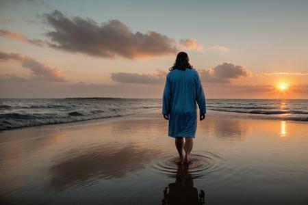 Raw hdr photo of jesus christ, backview, full body, ((walking above water)) at sunrise, beach, majestic, inspiring, disquieting, intricate high details, (water reflections), focus, togue, mantle, beard, (hair blowing in the wind), dramatic light, ((sun rays in a blue sky)), clear sky,  (hyper realistic:1.2), (high detailed skin:1.2), 8k uhd, dslr, high quality, film grain, Fujifilm XT3,  epiCRealism
