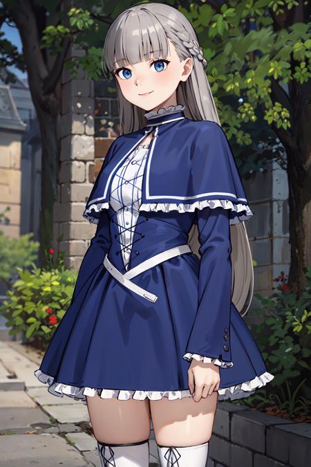 lawine,long hair,braid,french braid,blunt bangs,capelet,blue capelet,dress,blue dress,frills,long sleeves,thigh boots,cross-laced footwear,(white footwear:1.2)