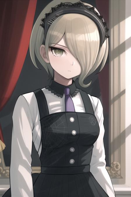 masterpiece, best quality, highres,  <lora:kirumidg:1>, 1girl, solo, hair over one eye, necktie, shirt, dress, looking at viewer, long sleeves, black dress, hair ornament, white shirt, pinafore dress, maid headdress, spider web print, purple necktie, collared shirt, upper body, closed mouth, breasts,