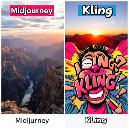 A comparison between two images: one, a detailed, breathtaking landscape with high quality, labeled 'Midjourney,' and the other, a humorous, distorted image labeled 'Kling,' featuring strange colors and shapes, comic-book style, playful and light-hearted