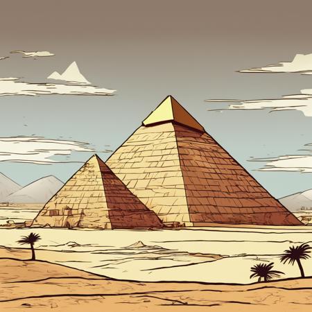 The great pyramids of Giza towering over the Egyptian desert landscape, cartooneffects four.<lora:Cartooneffects_Four_SDXL_V1:1>