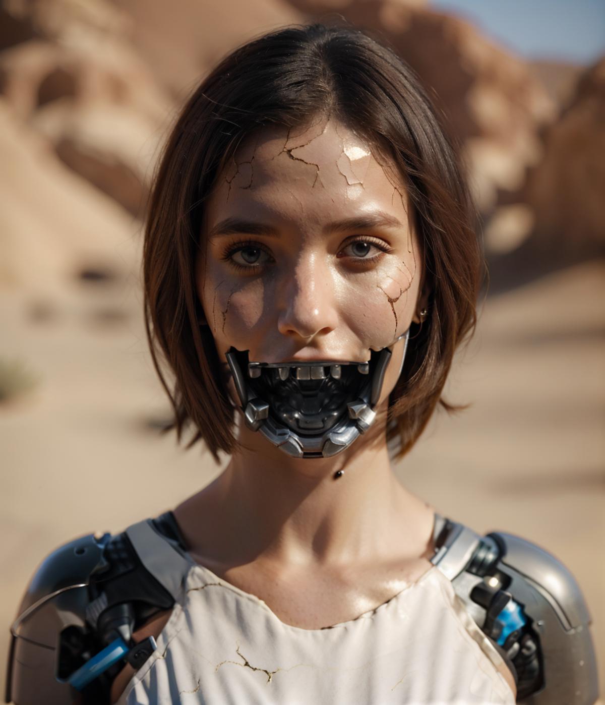 A woman with a unique metallic appearance, possibly with a cyborg-like mouth and face, is standing near a desert landscape.