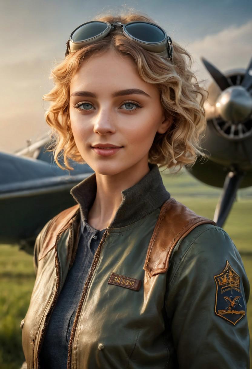 masterpiece, best quality, (colorful), cinematic lighting, realistic, dynamic pose, extremely detailed, beautiful detailed face
aprofessional portrait photo of  a radiant young woman with short and curly blond  hair, she is an intrepid pilot posing besides her de Havilland Dormouse biplane, gentle smile , donning pilot cloths, stands proudly, vibrant atmosphere, full-bodied figure, extremely detailed plane, extremely detailed green flat grass runway, style of the 1920s, pilot goggles, pilot cap, pilot jacket and trousers, heavy leather gauntlets,
 freckles, (moles:0.5, skin blemishes:0.7, blush), (natural detailed skin texture:1.3), solo, smile looking at viewer, (looking at viewer, extremely detailed face, beautiful eyes, detailed eyes, symmetric eyes, open eyes, seductive eyes, big eyes, slim face:1.2), smirk, (eyeshadow, makeup:1.3),perfect white teeth, (white teeth), eye catching, sharp, volumetric light, subsurface scattering, remarkable color, ultra realistic, textured skin, remarkable detailed pupils, realistic dull skin noise, visible skin detail, skin fuzz, dry skin, bokeh, sharp focus on subject