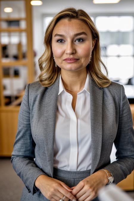 <lora:Ebba_Busch_vng:1>, masterpiece, (bright lighting:1.1), perfect lighting, ebba busch, classy office outfit, posing, fashion photoshoot