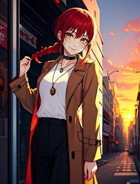 <lora:WesternAnimeLike-000016:1> 
<lora:MakimaChainsawMan:0.7> 
1girl, makima (chainsaw man), solo, ringed eyes, braid, yellow eyes, braided ponytail, red hair, smile, looking at viewer, shirt, coat, white shirt, jewelry, necklace, bangs, skirt, long hair, shirt tucked in, light smile, long sleeves, sidelocks, brown coat, alternate costume,  choker, plaid, pants, jacket, black skirt, closed mouth, single braid, standing, medium hair, black pants, sleeves past wrists
street, cityscape, sky, sunset,