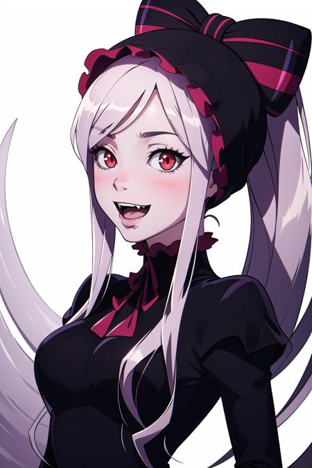 absurdres, highres, ultra detailed, <lora:ShalltearV3333-000023:0.7> shalltear, bonnet, hair bow, ponytail, black dress, black long sleeves, upper body, :d, fangs, blush, looking at viewer