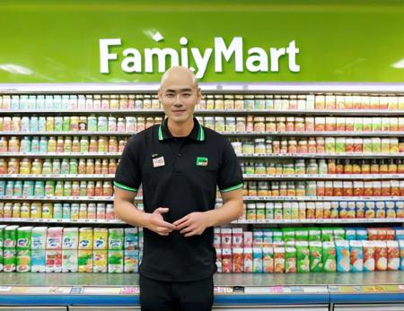 Family Mart,Create an image that features a bald man, dressed in a polo shirt uniform, diligently working in a convenience store. The man's appearance should be neat and professional, with his shirt tucked in and a name tag visible. His facial expression should reflect a friendly and attentive demeanor, possibly assisting a customer or arranging products on the shelves. The convenience store setting should be well-organized and clean, with recognizable items such as snacks, drinks, and magazines displayed. The lighting should be bright, and the overall composition should convey a sense of everyday life in a bustling urban environment. The focus should be on the man and his role as a dedicated employee, serving the needs of the community, <lora:htm:0.8>,<lora:fm2:0.65>