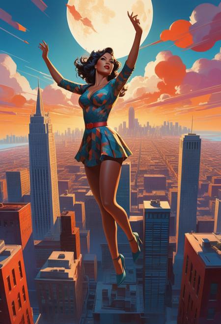 a charismatic woman floating above a dreamy cityscape, surrounded by a dynamic, mixed-media art style with bold patterns, warm colors, and textured brushstrokes, reminiscent of urban art and figurative expressionism, painted, hyperrealistic, 2025, low poly, isometric art, 3d art, high detail, artstation, concept art, behance, ray tracing, smooth, 3D shading, sharp focus, ethereal lighting, perfect, highly detailed, buxom, textured, Drawn By Curt Swan, Jim Aparo, Brett Breeding, perfect eyes