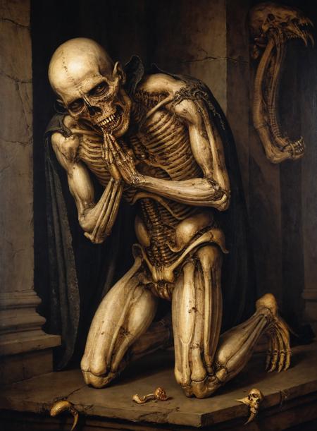 a renaissance painting of a man kneeling,horror,dreadful,ugly,death,<lora:g1g3r:0.8>,bones,teeth,<lora:add-detail-xl:1>,
