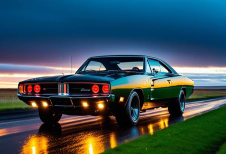 raw photo of fast moving 1969 dodge charger 440 r/t in iceland countryside, sunset, rainy weather, car lights turned on