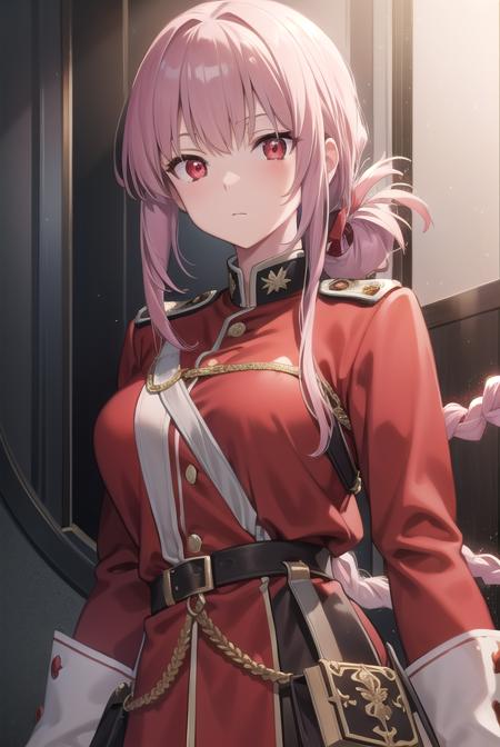 florencenightingale, <lyco:florencenightingale-lyco-nochekaiser:1>,
florence nightingale, pink hair, long hair, (red eyes:1.5), hair braid, sidelocks, folded ponytail, single braid, braid, braided ponytail,
BREAK military, military uniform, uniform, (red uniform:1.5),
BREAK looking at viewer,
BREAK indoors,
BREAK <lyco:GoodHands-beta2:1>, (masterpiece:1.2), best quality, high resolution, unity 8k wallpaper, (illustration:0.8), (beautiful detailed eyes:1.6), extremely detailed face, perfect lighting, extremely detailed CG, (perfect hands, perfect anatomy),