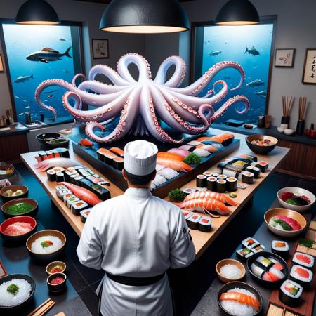 concept art (Digital Artwork:1.3) of (Ultrarealistic:1.3) <lora:DalE-3-FFusion-LoRA-ViT-FA:1> Digital art of a sushi chef's table, but the chef is a giant, elegant octopus. Its tentacles skillfully shape and prepare sushi, turning the culinary art into a dance of marine mastery.,CGSociety,ArtStation . digital artwork, illustrative, painterly, matte painting, highly detailed