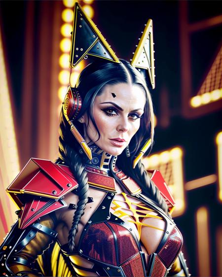 dxhr style <lora:dxhr_v2:1>, (close up portrait) of kendralust woman <lora:kendralust_v2:1> with really long red and black hair, at a hangar, wearing a sleek shiny metallic yellow full body faceted (fractal pattern sierpinski triangle armor), detailed cybernetic yellow holographic eyes, extremely detailed cyborg face, detailed armor, in a (well lit crowded city square plaza), night time, cluttered busy background, intricate details, professional digital art, low contrast