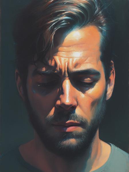 <lyco:SamSpratt:1.0>Incoherent painting of a man who is a shadow of his former self, poignant soul, by sam spratt