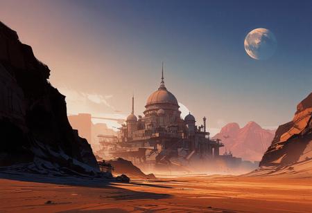 Seen from ground level, a futuristic city stands in the middle of a vast desert. The scene takes place on another planet, as two moons are visible in the sky. The city is perched on a rocky spur, its architecture sleek and harmonious, made of glass and steel. A large building with a grand dome overlooks the city. Space and air traffic can be seen, along with a few mining vehicles. The city is surrounded by an immense expanse of sand. The sky remains fairly bright as the sun sets behind us, casting dramatic contrasts of light and shadow. The atmosphere is nocturnal, with an overall blend of bluish and orange hues.