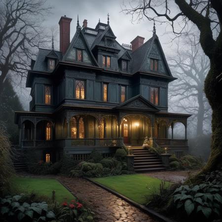 masterpiece, realistic,, In the garden of a gloomy gothic mansion stands Santa Claus as an eldritch horror <lora:add-detail-xl:1> grim, grimy, foreboding