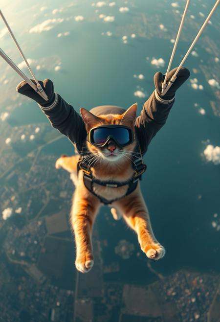 (Soft Lighting Photography by Mimoza Veliu and Mario Giacomelli:1.2), NSFW, A cat skydiver in freefall, captured from an aerial perspective. the cat is equipped with a ski googles. Its body is positioned horizontally, with arms slightly bent and legs extended, indicating a controlled free fall.
The camera is positioned above and slightly behind the cat skydiver, providing a top-down view of the descent. This angle captures the vast expanse of the Earth below and emphasizes the height and speed of the freefall. The perspective creates a dramatic and immersive experience for the viewer.
The background features a stunning view of the Earth from high altitude. 
The composition is dynamic and well-balanced, with the woman skydiver centered in the frame. The lines of the body and the direction of the descent guide the viewer's eye through the image, creating a sense of movement and action. The vastness of the Earth below provides a sense of context and scale,