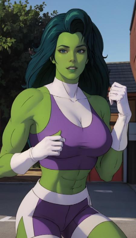 straight-on,upper body,looking at viewer, BREAK,
CARTOON_shehulks_bodysuit_ownwaifu,www.ownwaifu.com,
long hair,(green skin:1.2),colored skin,breasts,green hair,muscular,medium breasts,makeup,lips,big hair,muscular female,abs,collarbone,lipstick,large breasts,eyeshadow,navel,green eyes,
midriff,cleavage,gloves,thighhighs,crop top,shorts,white gloves, 
<lora:CARTOON_shehulk90s_ownwaifu-15:1>, BREAK, official art,extremely detailed CG unity 8k wallpaper, perfect lighting,Colorful, Bright_Front_face_Lighting,shiny skin, (masterpiece:1.0),(best_quality:1.0), ultra high res,4K,ultra-detailed, photography, 8K, HDR, highres, (absurdres:1.2), Kodak portra 400, film grain, blurry background, (bokeh:1.2), lens flare, (vibrant_color:1.2),professional photograph, (beautiful_face:1.5),