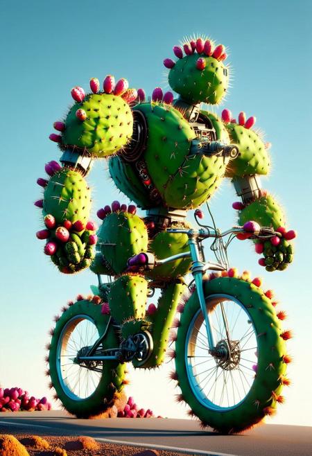 Ultrarealistic. sharp focus, dynamic lighting. play of light, Raytracing, Ultra detailed. (Prickly Pear Style). A giant robot made of Prickly Pear riding a tiny bicycle in a technicolor world.