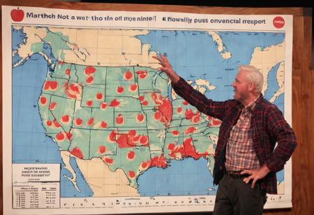An enthusiastic Midwesterner wearing flannel gives a weather report.  The weather map has apples on it.