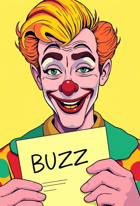 saul goodman, anime style, flat colours, illustration, psychedelic colors, trippy, „BUZZ“, portrait shot, holding flip chart, wide smile, half closed eyes, thick eyebrows, clown makeup
