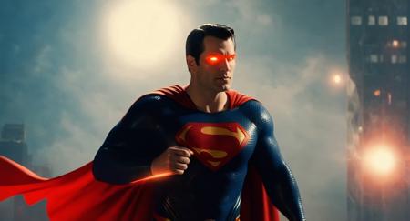 concept art of  Cinematic Film stock footage in (arri alexa style) Kodak film print,  <lora:Superman:1> Superman a man in a superman suit with glowing red eyes and glowing superman sign, digital artwork, illustrative, painterly, matte painting, highly detailed