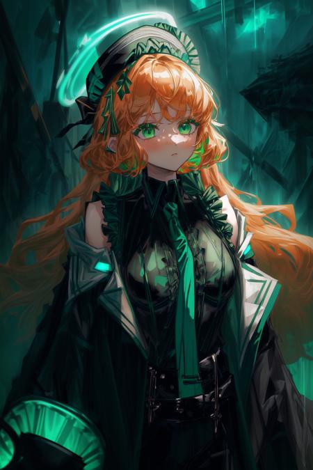 (masterpiece, best quality,best art,perfect detail:1.4),(black theme, turquoise green theme,:1.3),1girl,perfect detail eyes, perfect detail face, perfect white skin, orange| green hair, curly long hair, blurry background, breasts, depth of field, glowing,perfect detail glowing turquoise green eyes,black and glowing green suit, captain hat, medium breasts, fringed shoulder straps,
glowing green  necktie, neon lights, outdoors, rain, solo, a giant black and green boat anchor, black shirt, <lora:ishmaellimbus-000030:1><lora:add_detail:0.99>  <lora:smallcirclemouth_v100:1>