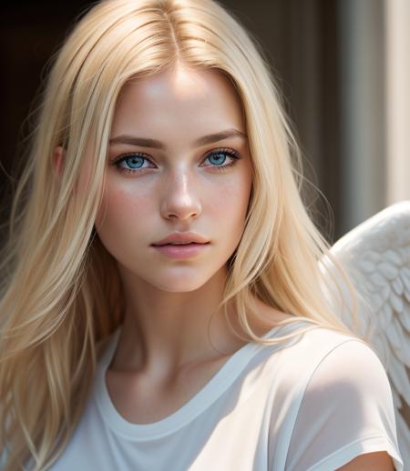 angel, armor gold (masterpiece, best quality, high resolution:1.4), 1girl, angel, skin pores texture, Hair blonde, HD , Photography, movie, cinematic, full Body, Realistic, (8k, RAW photo, best quality, masterpiece:1.2), (realistic, photo-realistic:1.33), best quality, detailed eyes blue, cute,natural lighting, depth of field, film grain, wrinkled skin, sharp, detailed and realistic portrait of a woman ,(freckles:0.5) , outside, wearing a white t shirt, staring at camera, chapped lips, soft natural lighting, portrait photography, magical photography, dramatic lighting, photo realism, ultra-detailed, intimate portrait composition, Leica 50mm,