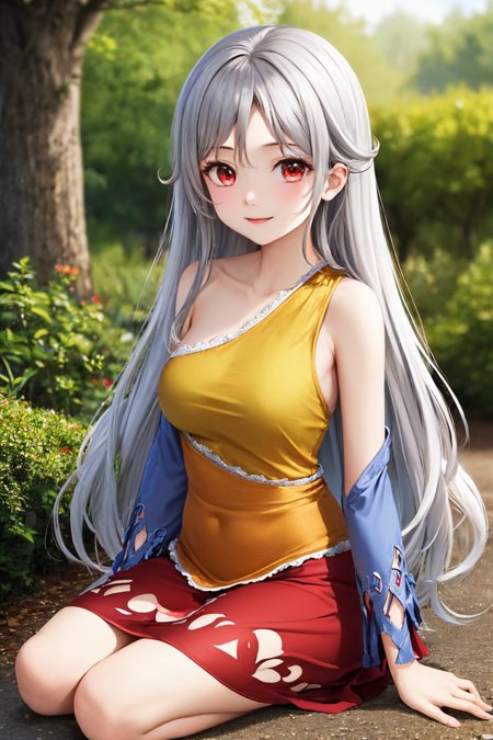 sakata nemuno grey hair multicolored dress single strap detached sleeves bare shoulders