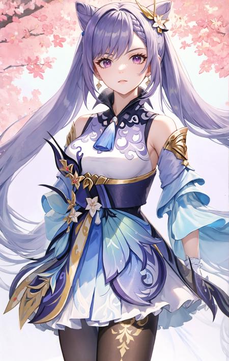 1girl,  keqing (piercing thunderbolt) (genshin impact), keqing (genshin impact), pantyhose, hair bun, purple hair, gloves, twintails, long hair, purple eyes, diamond-shaped pupils, bare shoulders, hair ornament, black pantyhose, cone hair bun, detached sleeves,dress, jewelry, medium breasts, earrings, bangs, frills, purple dress, black gloves, braid, skirt,<lora:keqingGenshinImpact3in1_v10:1><lora:style_MihoyoT0:1>