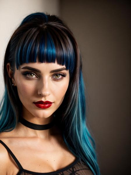 a woman with blue hair and red lipstick, beautiful symmetrical eyes, sexy girl with dark brown hair, very beautiful goth top model, inspired by Olivia de Berardinis, short brown hair with bangs, cosplay on black harley queen, human realistic face, ellora, vanessa morgan, profile picture 1024px, vibrancy,