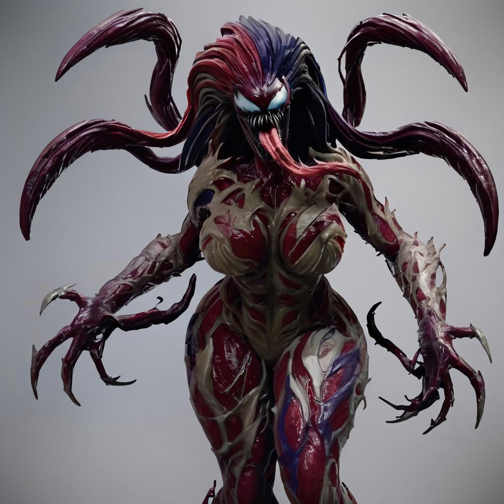 safe_pos, Score_9, score_8_up, best quality, highly detailed, high resolution, highest quality, 3d, ScreamSymbiote, hybrid symbiote, monster girl, symbiote, white eyes, multiple eyes, no pupils, sharp teeth, featureless breasts, huge breasts, curvy body, thick body, sexy, wide hips, thick thighs, huge ass, very long hair, multicolored hair, black hair, rainbow hair, multi tone hair, Blue hair, red hair, purple hair, white hair, blue body, red body, purple body, white body, multicolored body, black body, rainbow body, multi tone body, claws, long tongue, Symbiote Style, tentacle hair, tendrils, large tentacles, back tentacles