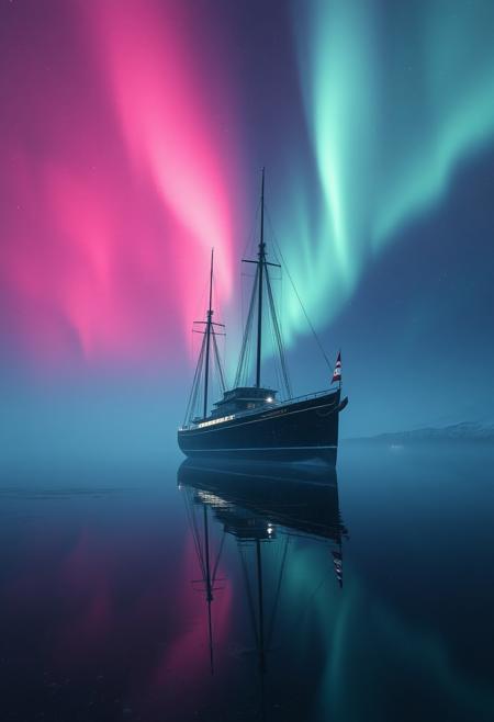 environment setting winter. highly detailed and hyper realistic photo, by Alena Aenami , by Archibald Thorburn , by Daniele Afferni , Ghostly ship sailing through auroras, in the style of  monochromatic silhouette reflection,  limited dark palette, unusual dark colors, faded colors, atmospheric haze, highly dramatic cinematic lighting, motion blur, film grain,  professional, excellent composition, finest details, maximized details, ultimate detail level, masterpiece, best quality