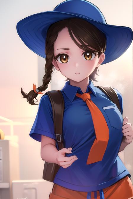 pokemonjuliana, <lora:pokemonjuliana-lora-nochekaiser:1>,
pokemonjuliana, braid, (brown eyes:1.5), brown hair, hair ornament, hairclip, side braid, single braid, swept bangs,
BREAK backpack, bag, black footwear, blue headwear, blue shirt, breast pocket, collared shirt, hat, kneehighs, naranja academy school uniform, necktie, orange necktie, orange shorts, pocket, school uniform, shirt, shoes, short sleeves, shorts, socks, striped, striped shorts, sun hat, white socks
BREAK looking at viewer, full body, (cowboy shot:1.5),
BREAK outdoors,,
BREAK <lyco:GoodHands-beta2:1>, (masterpiece:1.2), best quality, high resolution, unity 8k wallpaper, (illustration:0.8), (beautiful detailed eyes:1.6), extremely detailed face, perfect lighting, extremely detailed CG, (perfect hands, perfect anatomy),