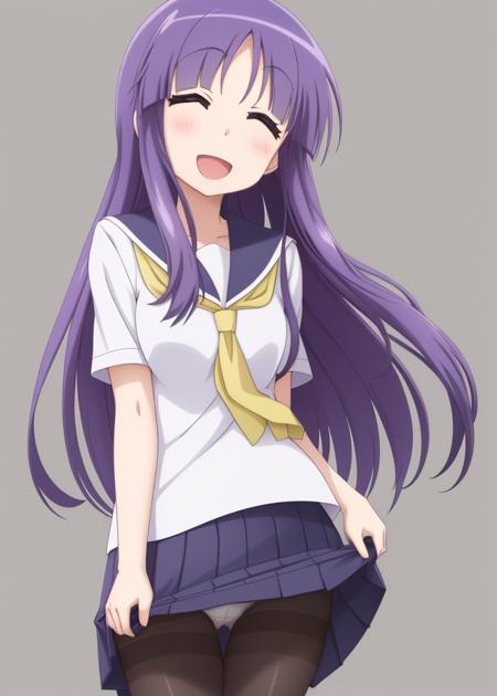 <lora:Hinata_Yukari-10:0.6>,Hinata_Yukari,(animation),Dawn_Anime,1girl, solo, long hair, school uniform, purple eyes, :d, ^_^,closed eyes,purple hair, pantyhose, pleated skirt, serafuku, white panties, black pantyhose , pantyhose pull,