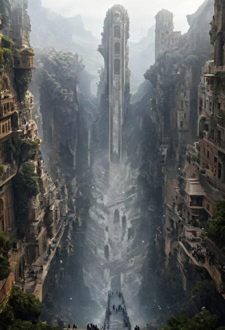 POV view , DOF,
(Ancient civilization, Alien Prometheus movie scene, dune movie scene:1.5), (The colonial city of the future, in the mist-filled Grand Canyon, on an unknown Earth-like planet, 2 moon on sky, Spaceship flight connects colonies, waterfulls:1.3), (Machu Picchu, a mountain settlement, incredibly spectacular:1.2), (Mario Botta:1.3), (avant-garde, future, reality, science fiction, photorealistic), (modern architecture:1.2), White limestone with black granite, fountain, waterfall, landmark, square, path, narrow street,
(Large Files, Ultra Realistic, 8K, 16k, FHD, HD, VFX, Perfect, Photography, composition, Architecture Sales Photography, Architecture Competition, Ultra High Resolution, Cinematography, High Resolution Image:1.1), (dramatic lighting, direct sunlight, ray tracing, clear shadow:1.2),  (real landscape:1.1), (blurred background:1.0), (urban background, more_details) ,
great lighting, clear, hillscastel, <stardeaf-cold-arc>, xtower, industrialbuilding