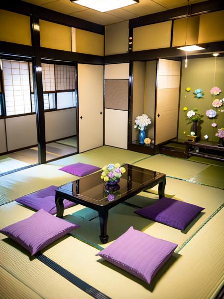 masterpiece, best quality, ultra-detailed, illustration,
washitsu, scenery, tatami, flower, table, indoors, cushion, sliding doors, vase, pillow, architecture, book, zabuton, shelf, realistic, photo (medium), photo background
 <lora:washitsu:1>