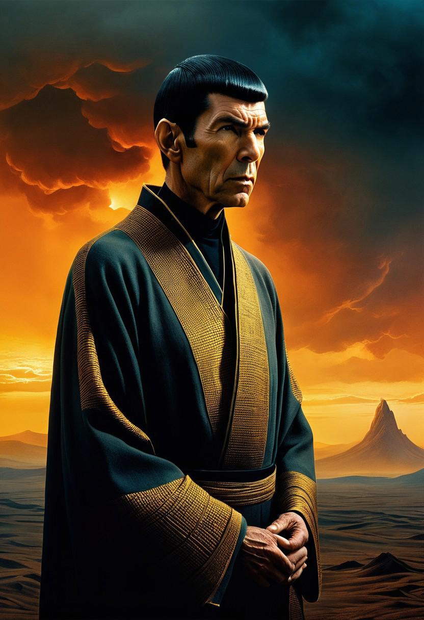 Surrealism - Mister Spock, clad in intricately woven, earth-toned robes, stands majestically against a dramatic, stormy backdrop, with soft, golden light illuminating his serene face, accentuating the gentle creases of his skin, and the subtle wisps of his hair, in a breathtakingly hyperrealistic scene, captured with precision and depth, evoking the style of Greg Rutkowski's cinematic fantasy art, and the moody, atmospheric lighting of Zdzisław Beksiński's surrealist masterpieces, with the sharp focus and high contrast of a 64-megapixel photograph, reminiscent of the works of Steve McCurry, infused with an otherworldly, cinematic quality, Star Trek