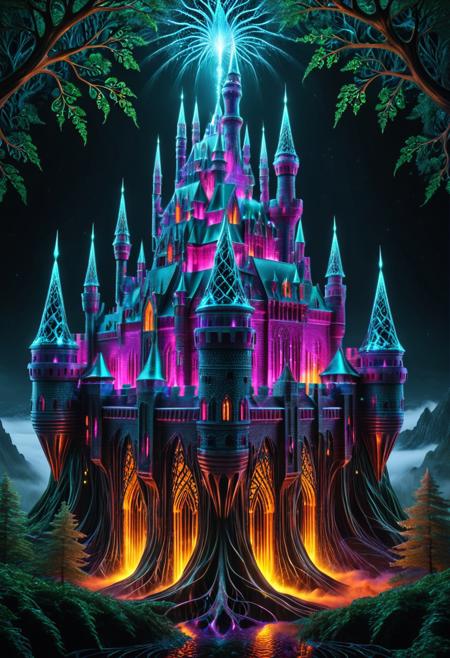 surreal castle, old castle, crazyily big castle, massive fortress, surreal castle, massive walls, medieval castle, transformed by glowing fractal roots, geometric vines wrapping around its structure, futuristic crystal patterns integrated into the metal, bioluminescent details, mystical atmosphere, cinematic lighting, foggy cityscape in the background, ultra-detailed architecture, dreamlike sci-fi fantasy fusion, sharp focus, 8k, fractal-inspired redesign, concept art style, fractangles, made out of fractangles, high quality,